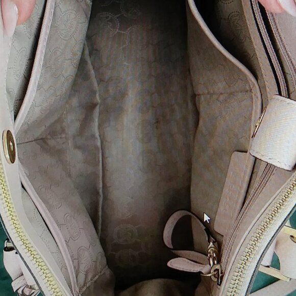 Michael Kors Satchel Bag Purse Double Handle Logo Charm Pink/Tan - Picture 13 of 16